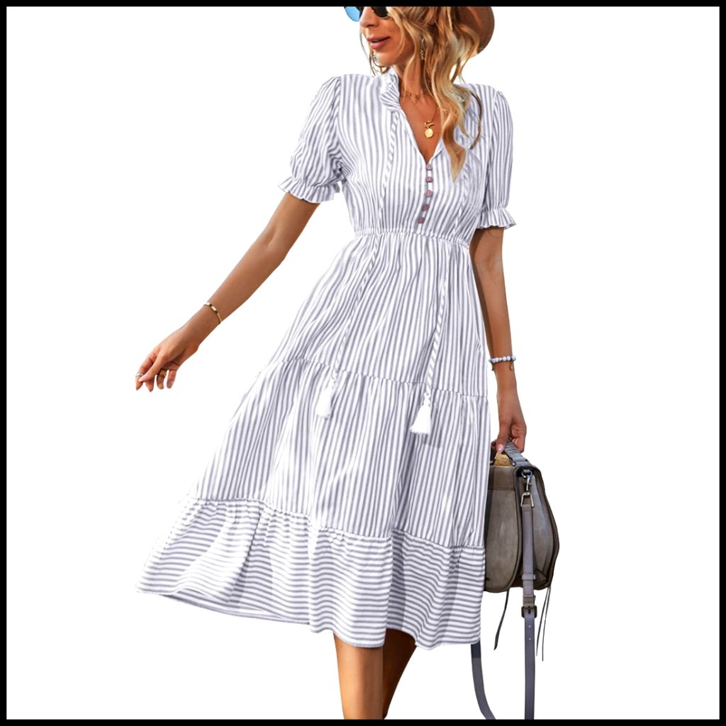 Women's Summer Ruffle Puff Sleeve V-Neck Midi Dress Casual Loose Fit